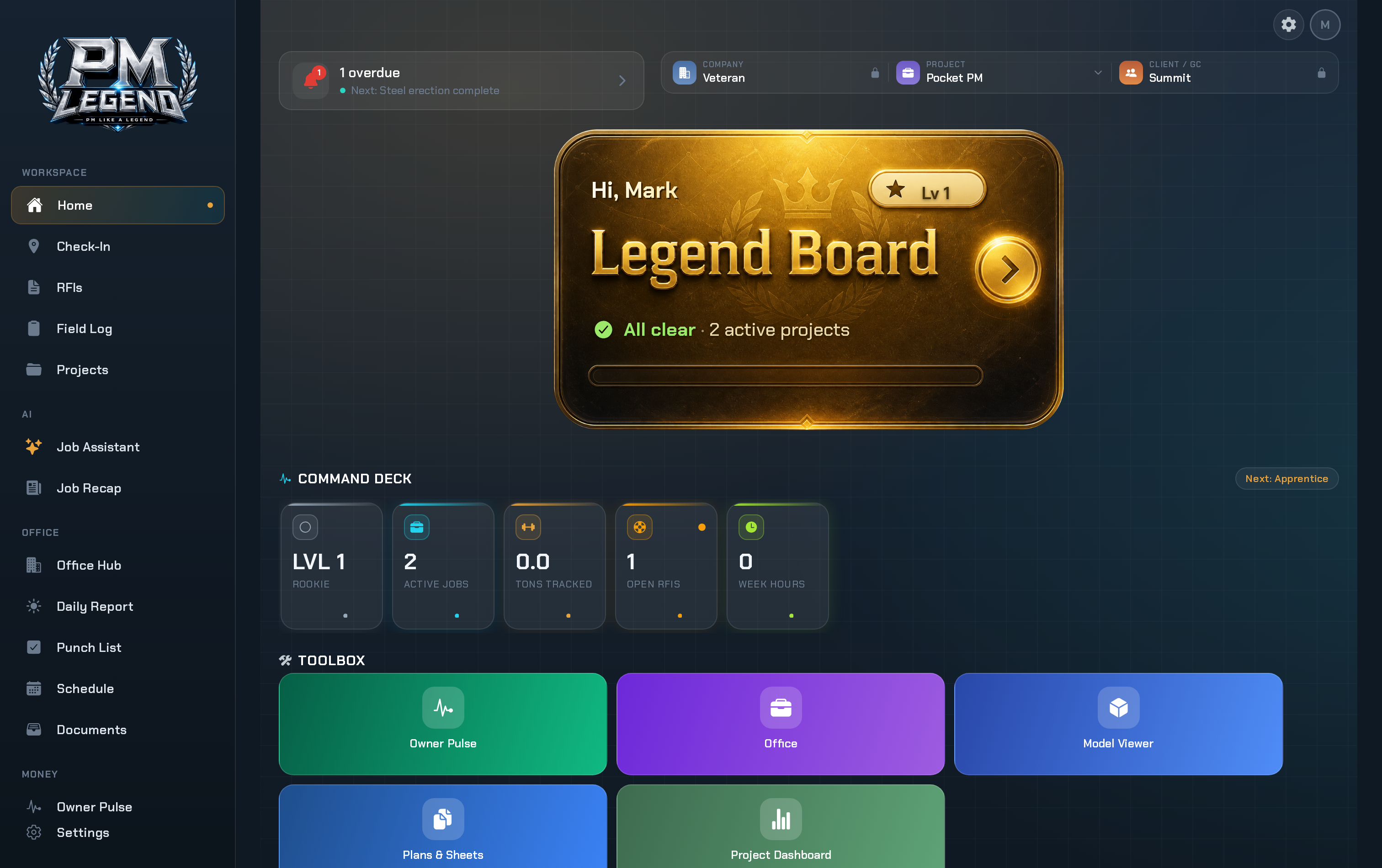 PM Legend Dashboard — project management interface